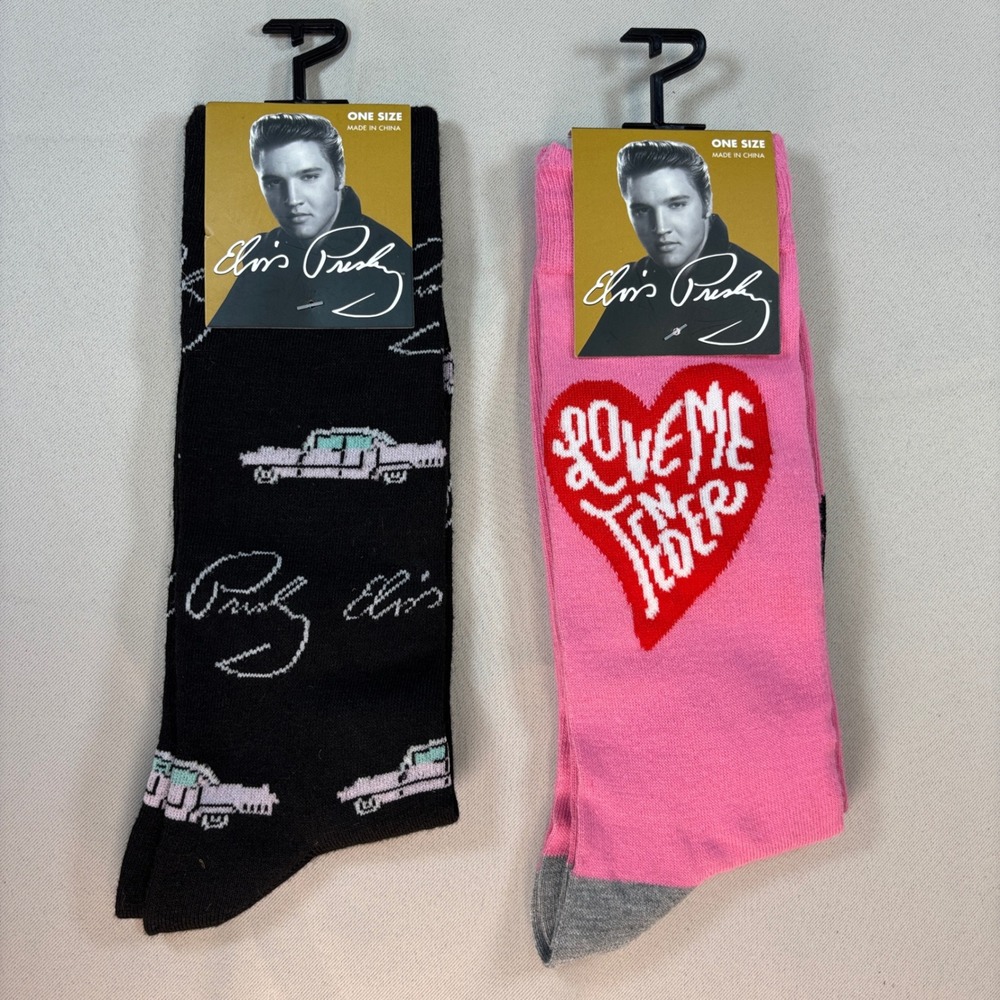 NEW Elvis Presley Socks 2 Pair Men Women OS Black Pink Cadillac Love Me Tender